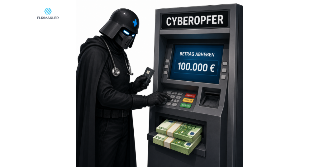 Illustration im realistischen Comic-Stil: Ein maskierter Hacker in schwarzem Umhang mit blauem Pflegekreuz, Stethoskop und Kreditkarte steht an einem Geldautomaten mit der Aufschrift „Cyberopfer". Der Bildschirm zeigt „Betrag abheben: 100.000 €", aus dem Ausgabeschlitz quellen bereits gebündelte 100-Euro-Scheine. Die Tasten zeigen „Abbruch", „Korrektur" und „Bestätigen". Das Bild illustriert den finanziellen Schaden, den ein Cyberangriff auf einen ambulanten Pflegedienst verursachen kann.