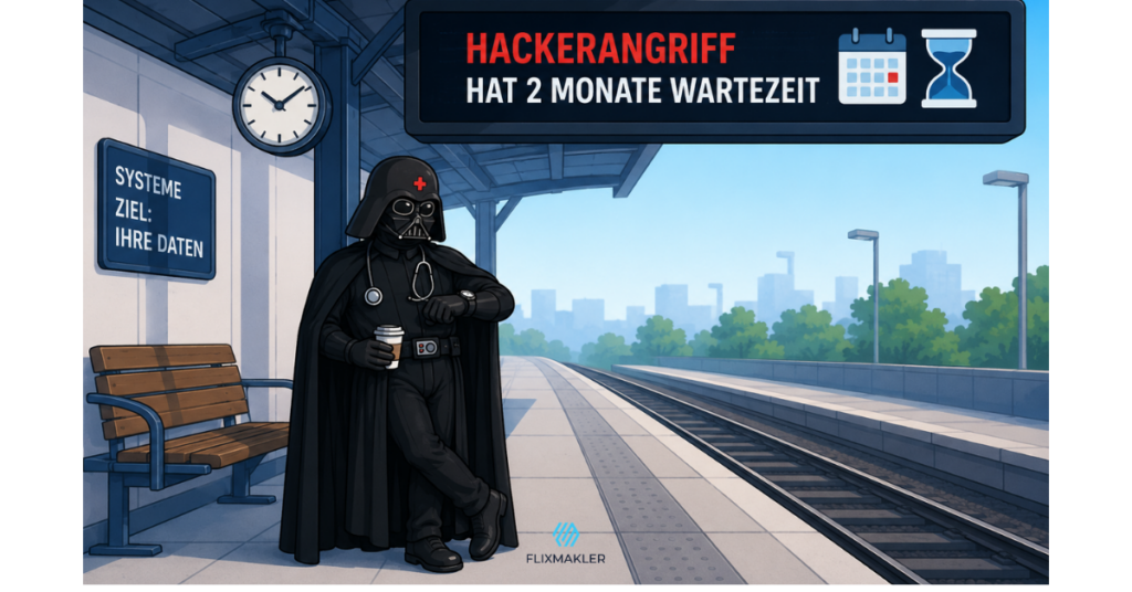 Illustration von Darth Vader als Pflegekraft am Bahnsteig wartend – Anzeigetafel zeigt Hackerangriff mit zwei Monaten Wartezeit auf Patientendaten
