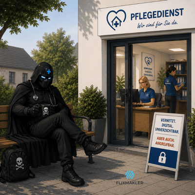 Hacker sitzt entspannt vor einem ambulanten Pflegedienst während Mitarbeiterinnen ahnungslos arbeiten – Aufstellschild warnt: Vernetzt. Digital. Unverzichtbar. Aber auch: Angreifbar.