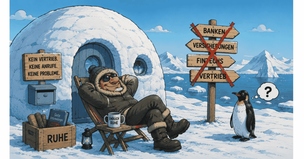 Vor dem Abschluss muss gerechnet werden. Illustration eines Kunden der sich in die Arktis zurückgezogen hat um keine Anrufe zu bekommen.
