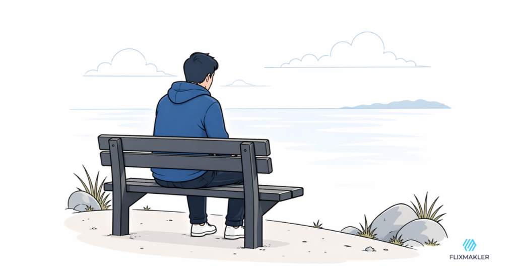 Ein junger Mann im blauen Hoodie sitzt nachdenklich auf einer Bank am Ufer und blickt aufs Meer, was die psychische Belastung und die Herausforderung bei der Berufsunfähigkeitsversicherung darstellt.