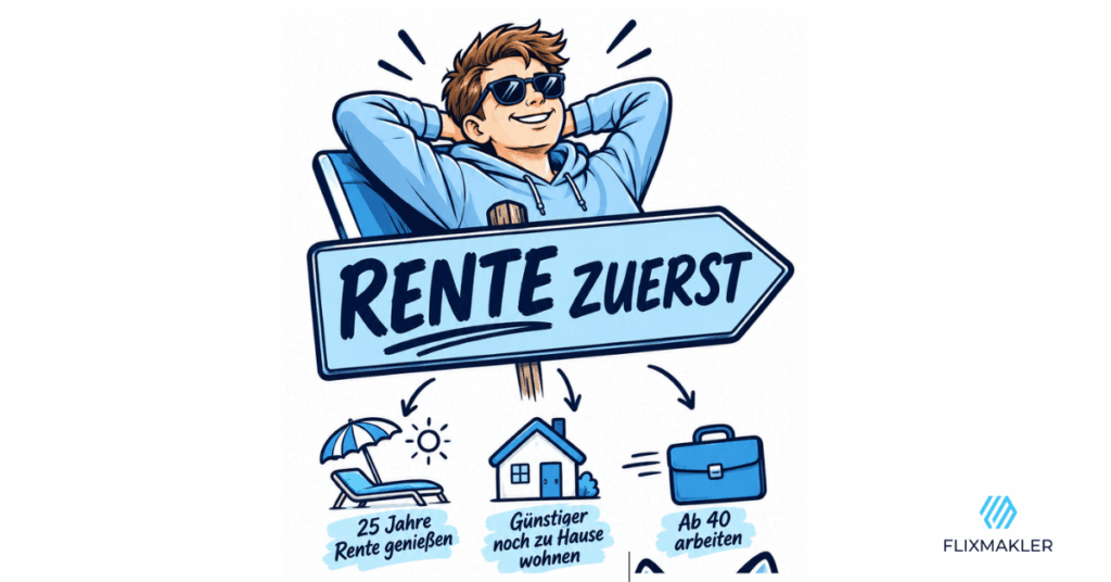 Comic-Grafik zur satirischen Idee „Rente zuerst“: 25 Jahre Rente genießen, günstig zu Hause wohnen und ab 40 arbeiten.