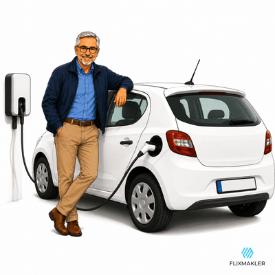 Pflegedienstleiter neben einem Elektroauto an einer Ladestation