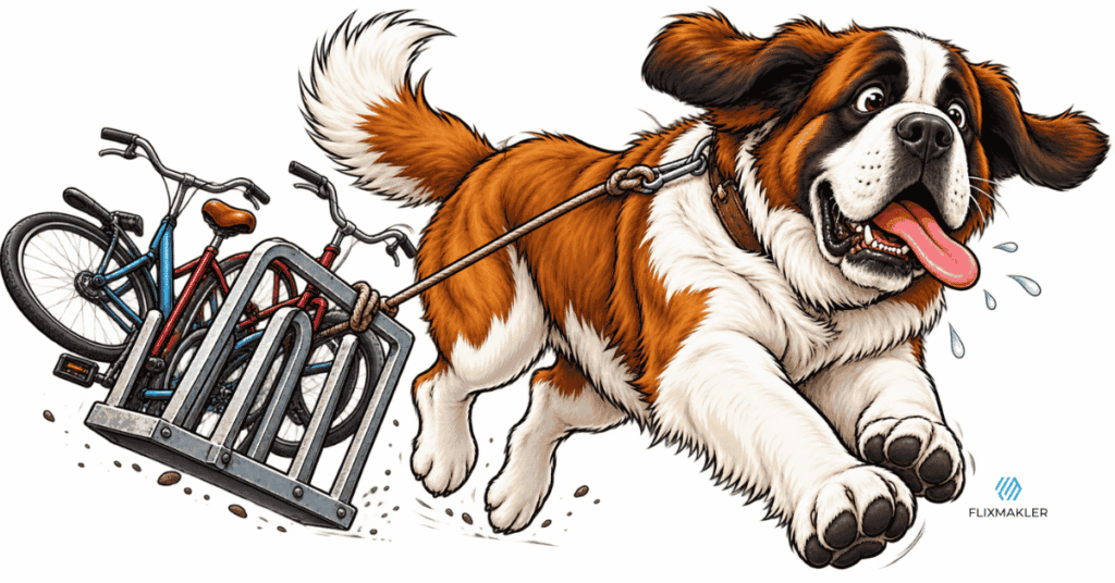 Bernhardiner zieht Fahrradständer und Fahrräder – Hundehalterhaftpflichtversicherung