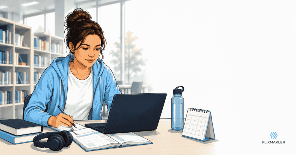 Studentin plant am Laptop ihre Berufsunfähigkeitsversicherung vor dem Berufseinstieg und behält den Studienalltag im Blick.