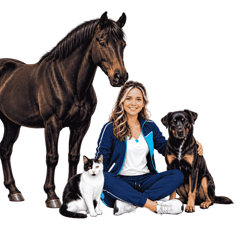 Tierhalterin mit Hund, Katze und Pferd als Symbol für Tiergesundheit und Absicherung bei Flixmakler.