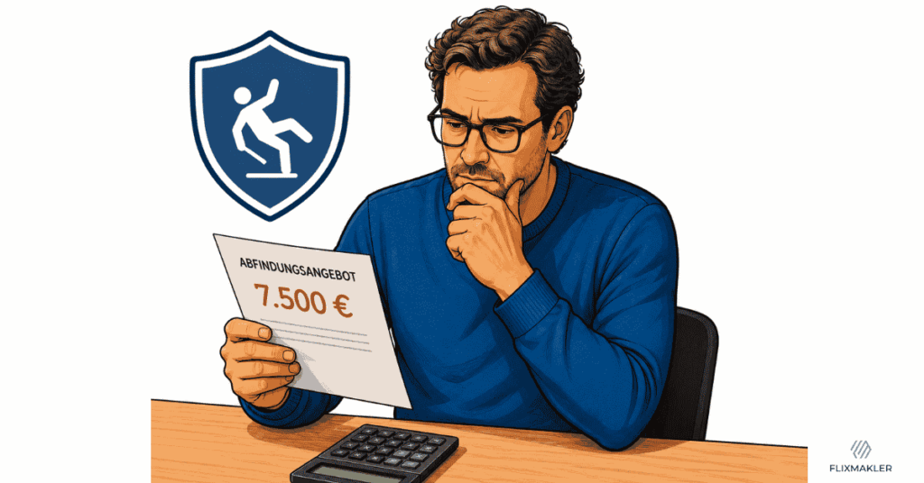 Mann prüft ein Abfindungsangebot über 7.500 Euro aus seiner Unfallversicherung und rechnet die mögliche Invaliditätsleistung nach.