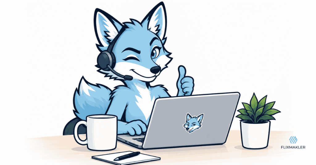 Flixi, die digitale KI-Assistentin von Flixmakler, arbeitet am Laptop und unterstützt bei Versicherungsfragen.