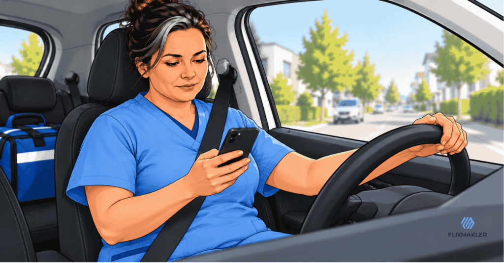 Pflegekraft im Auto blickt während der Fahrt auf ihr Smartphone und wird dadurch abgelenkt