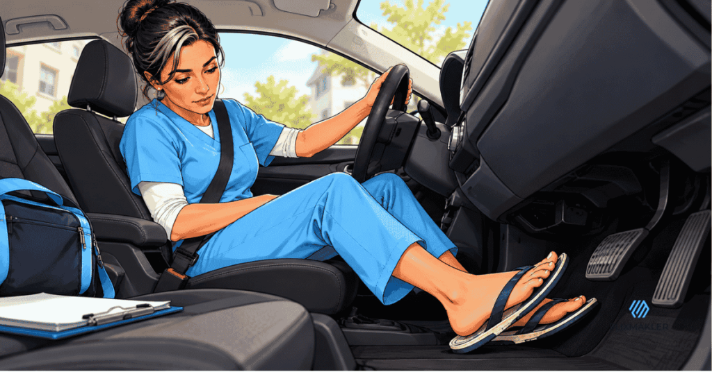 Pflegekraft im Dienstfahrzeug mit verrutschtem Flip-Flop am Pedal