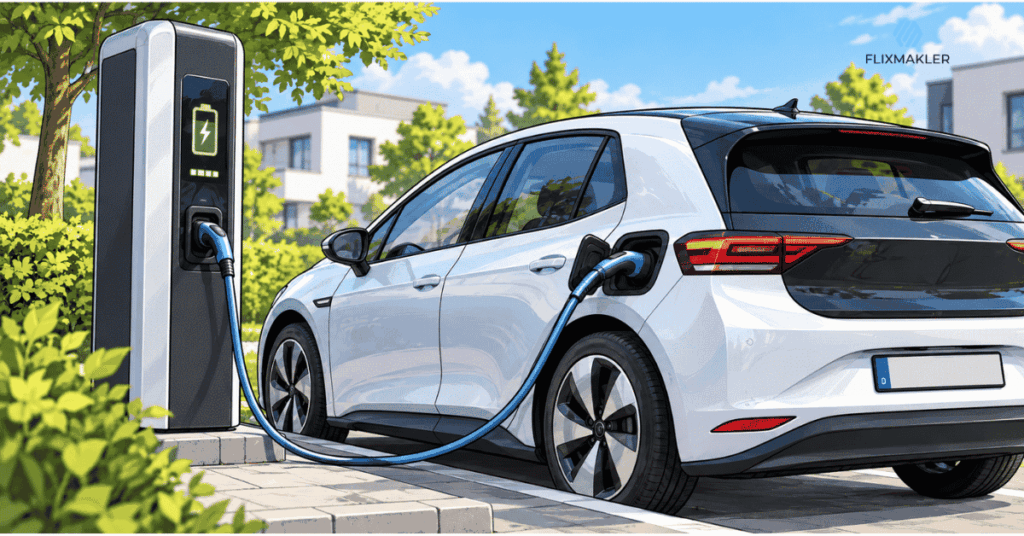 Weißes Elektroauto an einer Ladesäule – E-Auto-Versicherung und zukünftige Versicherungskosten