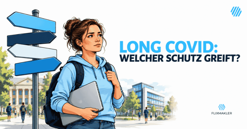 Junge Studentin mit Laptop an einem Wegweiser zwischen Universität und Beruf als Motiv zu Long COVID und Arbeitskraftabsicherung.