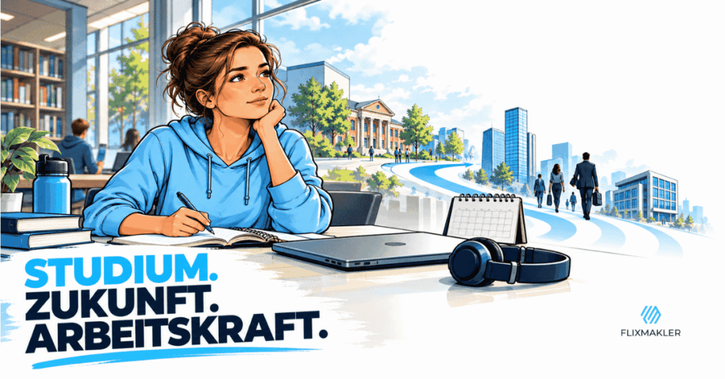 Konzentrierte Studentin am Schreibtisch vor Symbolen verschiedener Berufswege als Motiv für frühe Arbeitskraftabsicherung.