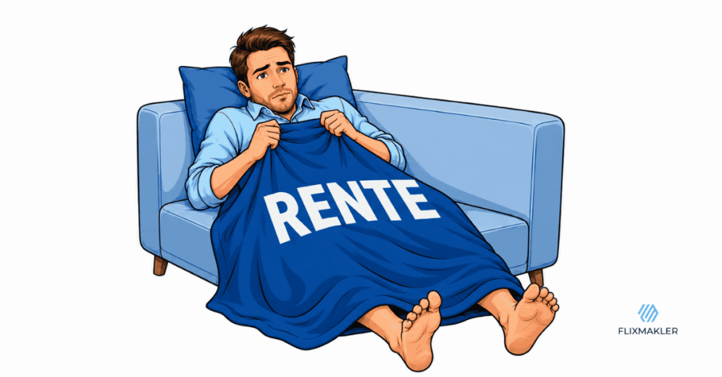 Besorgter Mann liegt unter einer Decke mit der Aufschrift „Rente“ – Symbol für die stille Rentensenkung durch sinkende Rentenpunkte